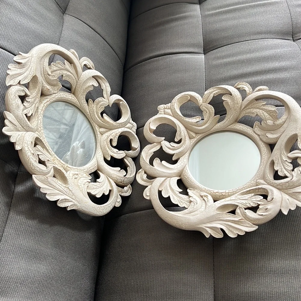 Pair of (2) cream cast plaster Vintage round wall mirrors baroque crackle EUC